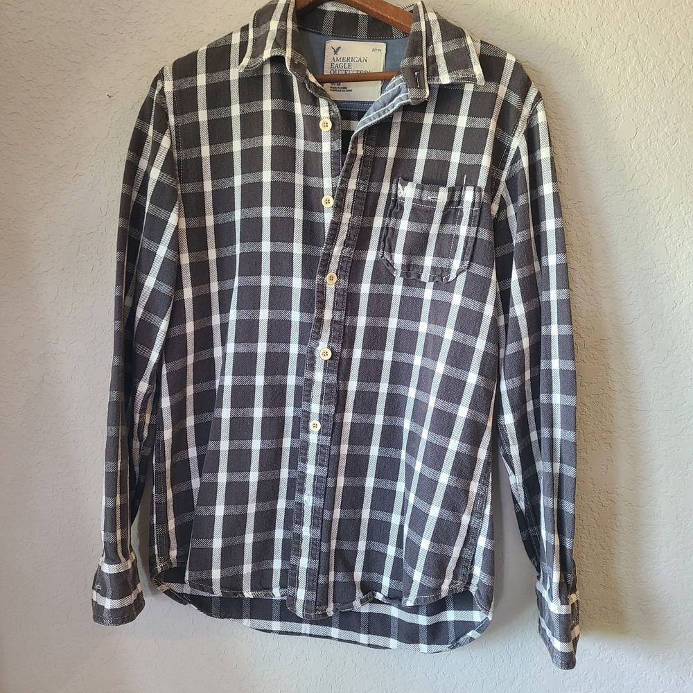 American Eagle‎ Shirt Mens Medium Black Plaid Flannel Heavy Cotton Long sleeve